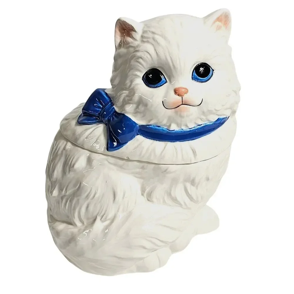 Vintage 80s Ceramic White Persian Cat Cookie Jar Blue Ribbon Bow Made in Japan